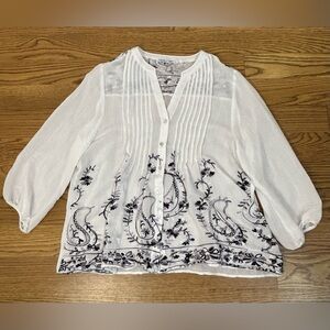 FIGUEROA &‎ FLOWER Embroidered Mixed Floral Stripe Top Boho